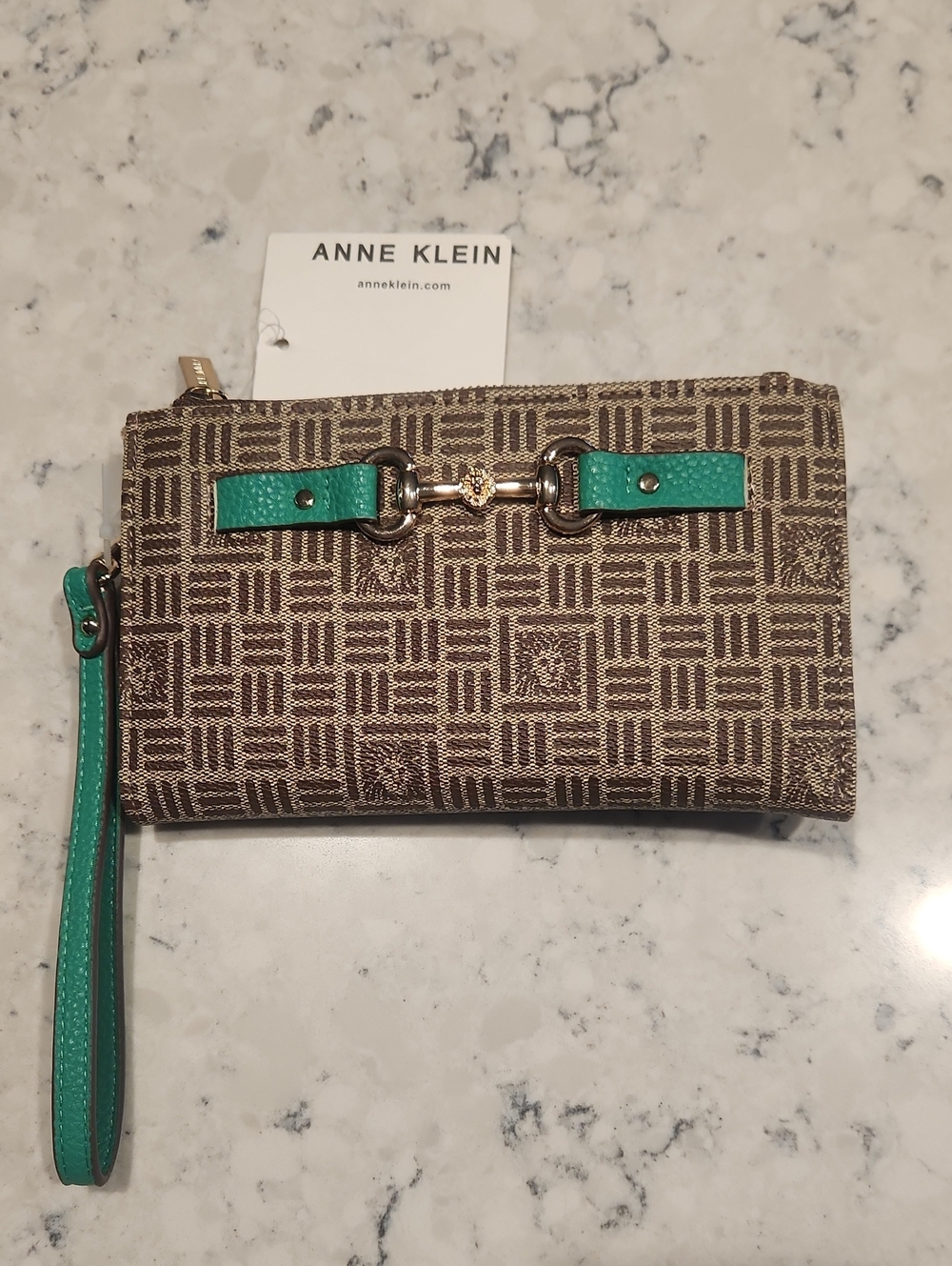 Anne Klein Brown Logo Wristlet with Green Trim